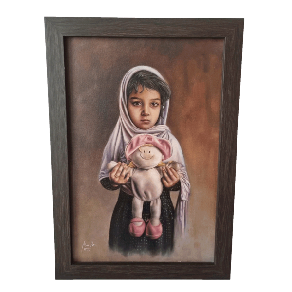 نقاشی رنگ و روغن دختر با عروسک